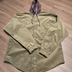 Olive Corduroy Shirt Jacket with Plaid Hood